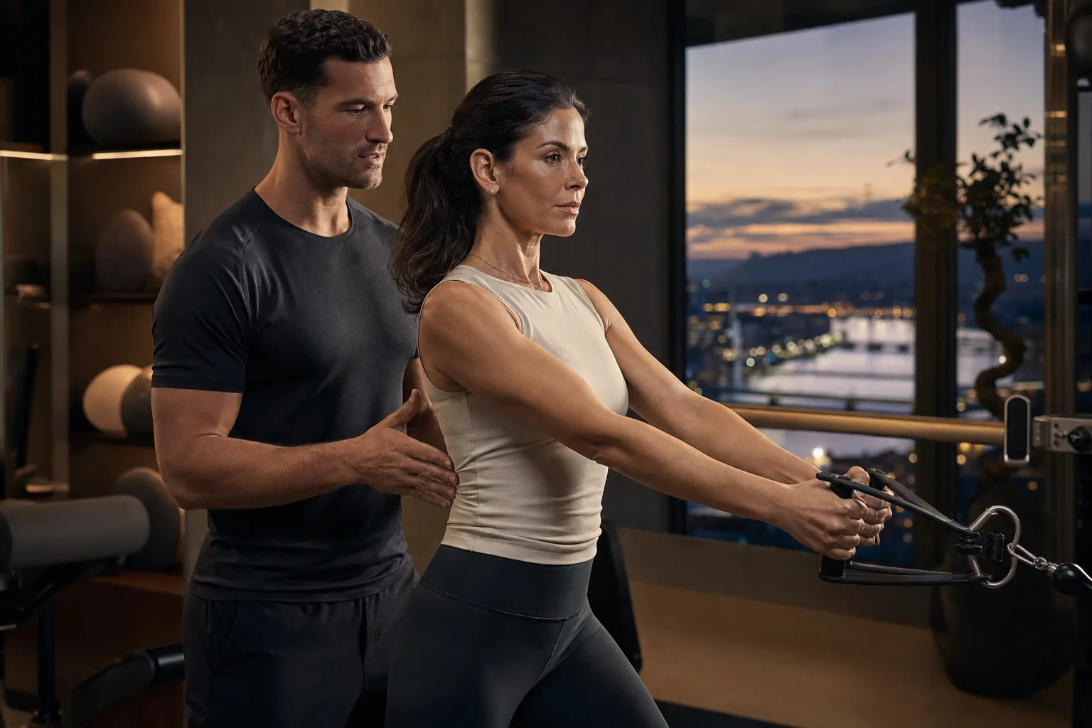 Private personal training studio in Zurich with refined equipment and dusk city light